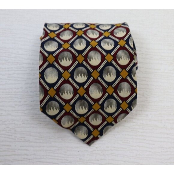 MEN'S BLUE RED CREAM GOLD GEOMETRIC PRINT 100% SILK TIE - NECK TIE - ITALY - Picture 2 of 9